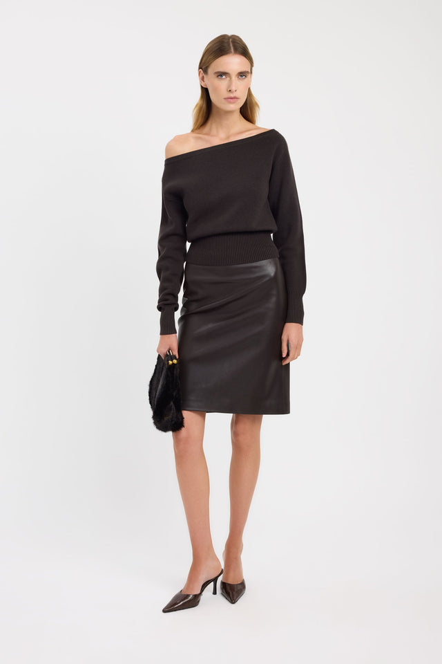 Crafted with the Dalton Off Shoulder Jumper womens jumpers with straight neckline, relaxed fit in black on-body