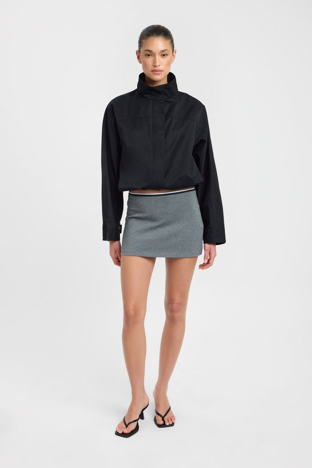 Designed with the Mateo Mini Skirt womens-skirts featuring straight hem mini length in slate gray on-body